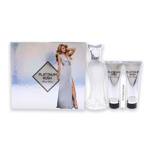 Set 4 Pzs Paris Hilton Platinum Rush EDP 100mL + Travel Spray 10mL + Body Lotion 90mL + Shower Gel 90mL