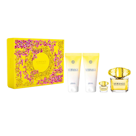 Set 4 Pzs Versace Bright Crystal Yellow Diamond EDT 90mL + Mini 5mL + Body Lotion 100mL + Shower Gel 100mL