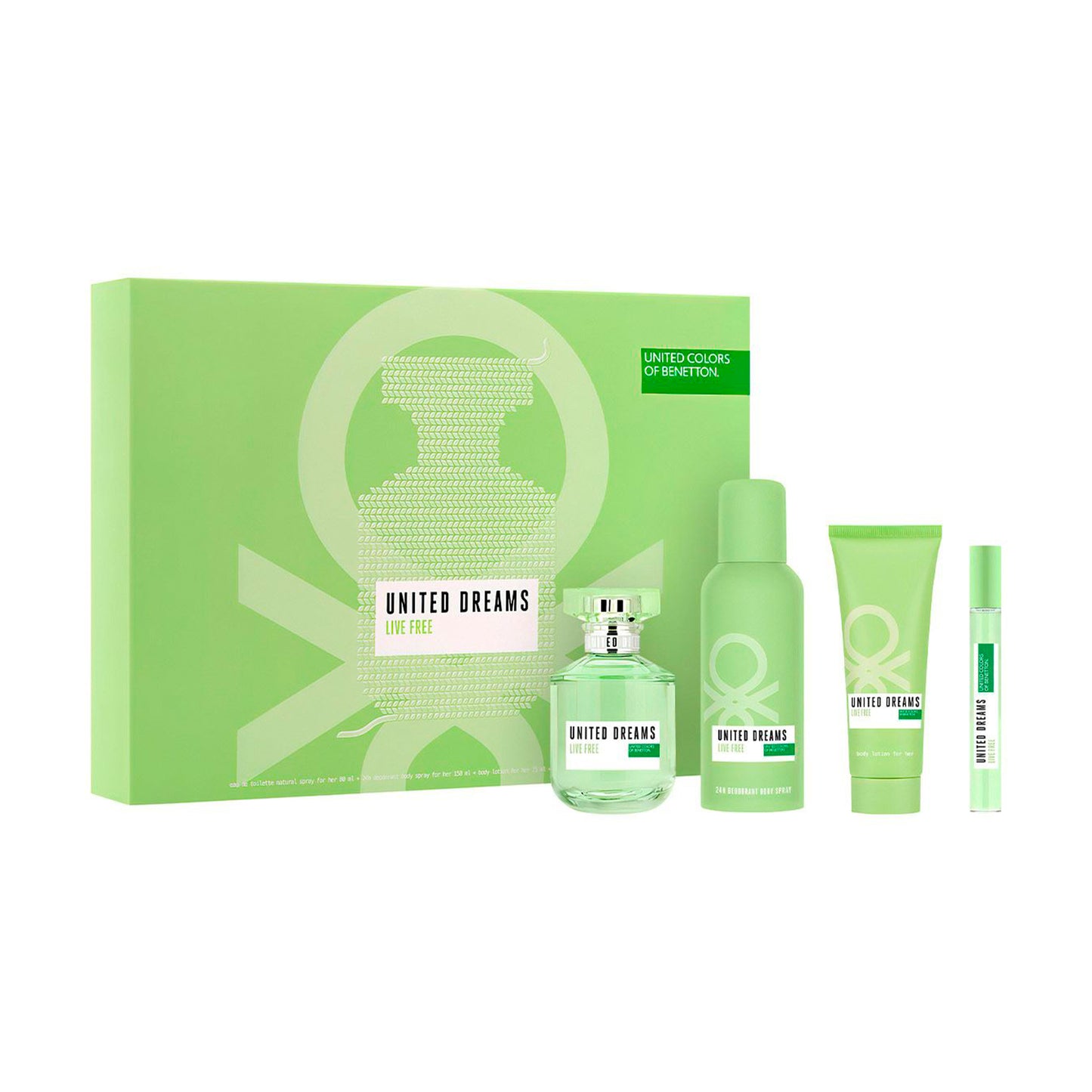 Set Benetton United Dreams Live Free EDT 80ml + Desodorante 150ml + Body Lotion 75ml + Vial 10ml