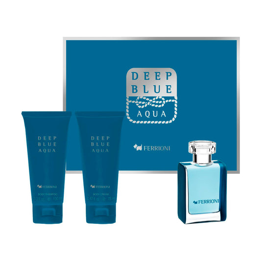 Set Ferrioni Deep Blue Aqua 3Pzs 100mL EDT + Body Shampoo 100mL + Body Cream 75mL